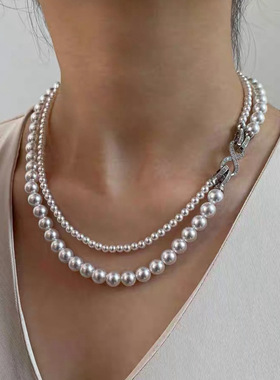 高端贝珠强光珍珠双层8字扣轻奢小众毛衣链可拆分叠戴礼物