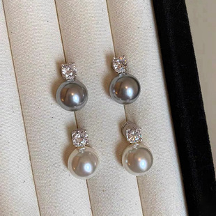 高端不过敏贝珠真多麻灰色镶钻珍珠纯银耳钉女轻奢小众