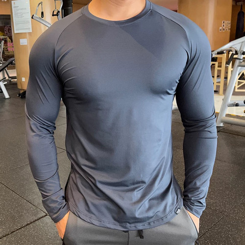Light Weight运动修身长袖男下摆弧形健身服速干透气跑步训练上衣