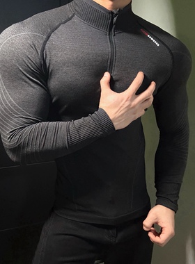 Light Weight战马提花无缝科技训练长袖健身运动半拉链紧身t恤男