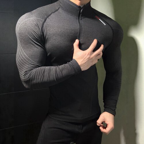 战马提花无缝健身运动长袖t恤男