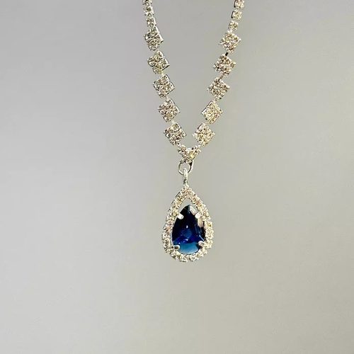 上新价！中古风格古著复刻蓝色水滴满钻项链女复古锁骨链轻奢颈链