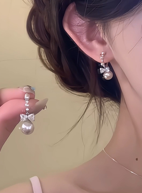 【纯白美神】S925纯银针蝴蝶结珍珠耳环女轻奢气质耳钉设计感耳饰