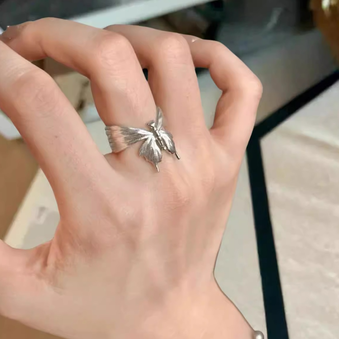 冷淡风重工拉丝蝴蝶戒指女神秘气质简约设计感食指戒开口可调节