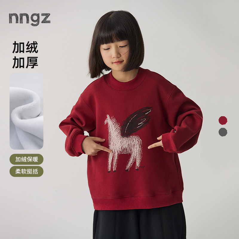 NNGZ冬季女童马年印花加绒T恤亲肤保暖儿童套头衫童装百搭上衣
