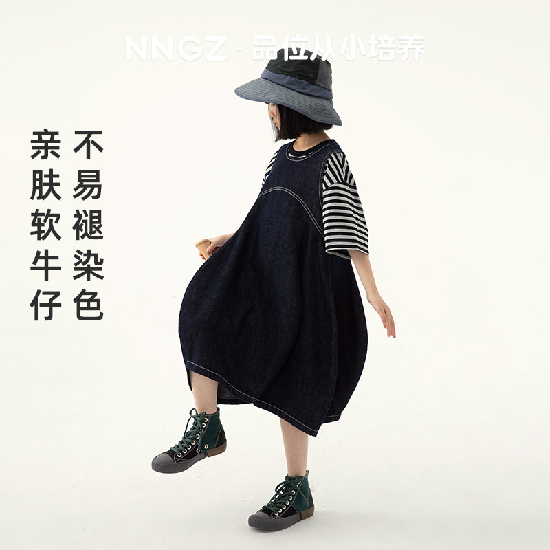 NNGZ 不掉色 设计感女童花苞牛仔背带裙春夏洋气时髦儿童连衣裙
