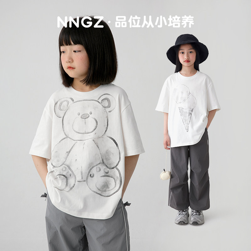 NNGZ手绘玩偶印花女童短袖t恤夏亲肤透气儿童纯棉套头衫童装上衣
