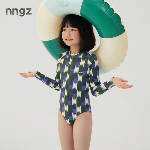NNGZ26夏季新款女童几何撞色满印连体三角泳衣洋气儿童度假游泳衣