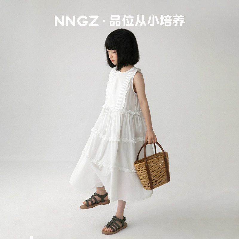 NNGZ女童度假风连衣裙夏季儿童无袖背心裙儿童木耳边白大摆礼服裙