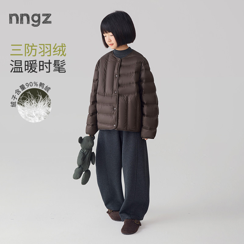 NNGZ设计师女童廓形轻薄羽绒服26秋冬新不对称绗线儿童白鸭绒外套
