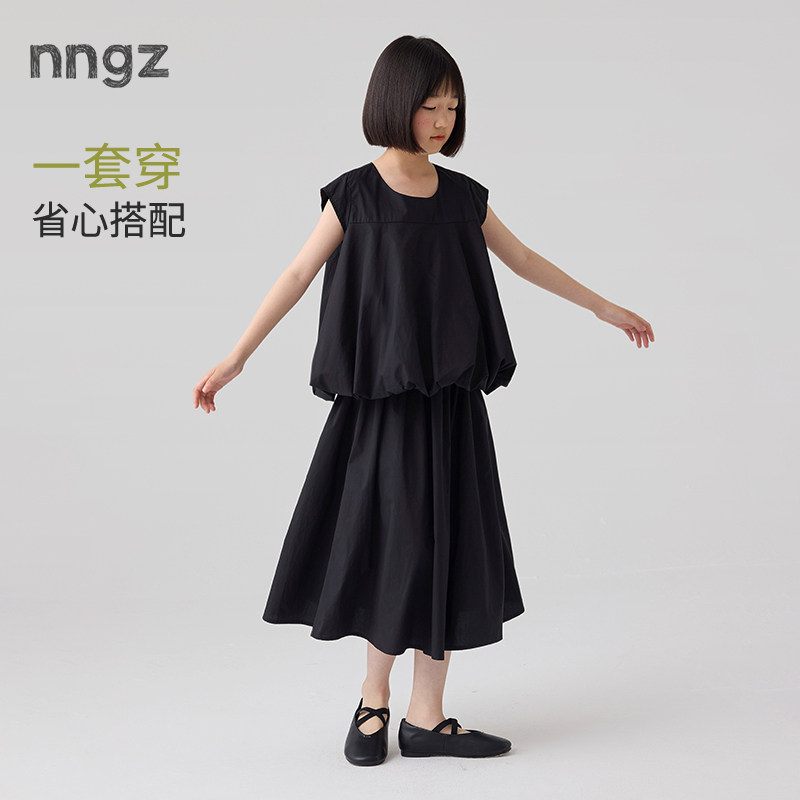 NNGZ设计师女童高支高密棉府绸无袖衬衫半身裙两件套夏季廓形套装