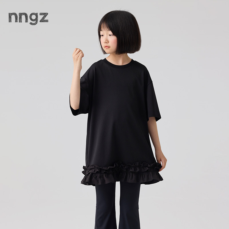 NNGZ设计师风女童荷叶边抽褶短袖t恤26夏季新款宽松挺括儿童上衣图片