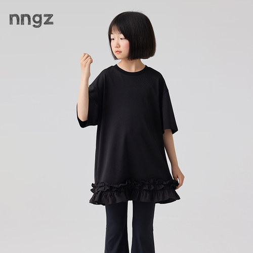 NNGZ设计师风女童荷叶边抽褶短袖t恤26夏季新款宽松挺括儿童上衣