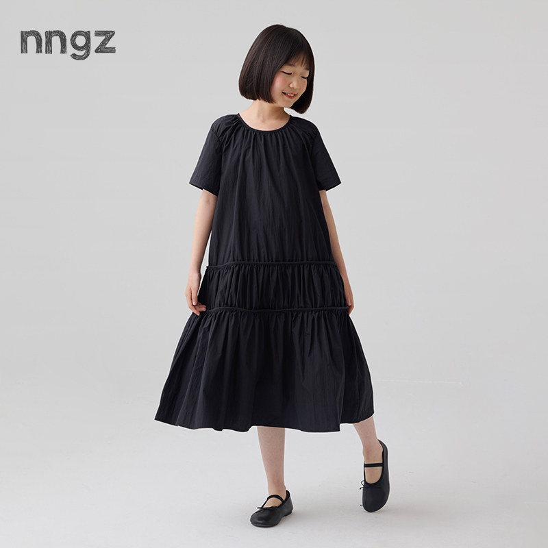 NNGZ设计师风女童收褶宽松连衣裙26夏季新款轻薄透气儿童度假裙