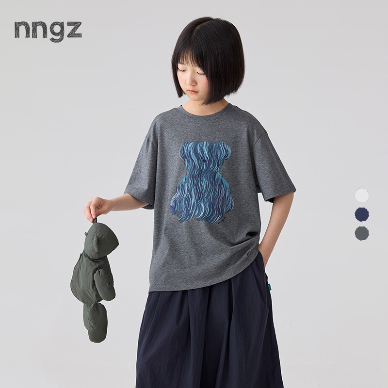 NNGZ设计师女童手绘玩偶小熊印花t恤26夏季新款儿童洋气短袖上