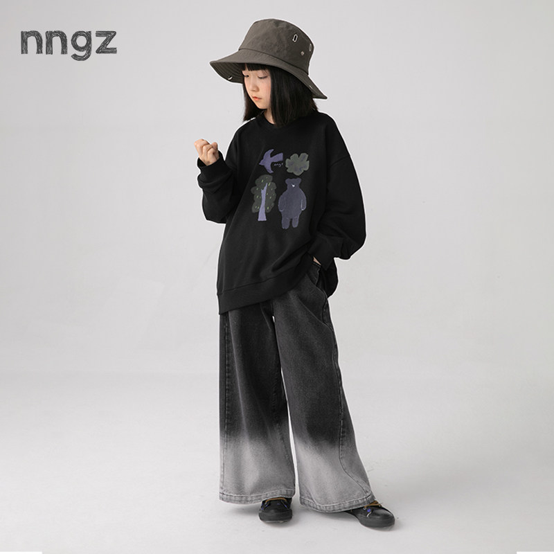 NNGZ设计师黑灰吊染女童牛仔裤秋季宽松挺括儿童直筒裤童装休闲裤