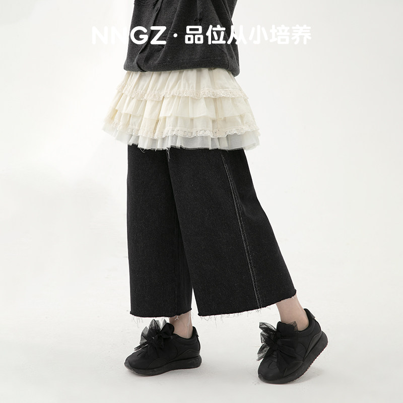 NNGZ设计师风女童阔腿牛仔裤春季洋气时髦儿童八分裤子童装休闲裤