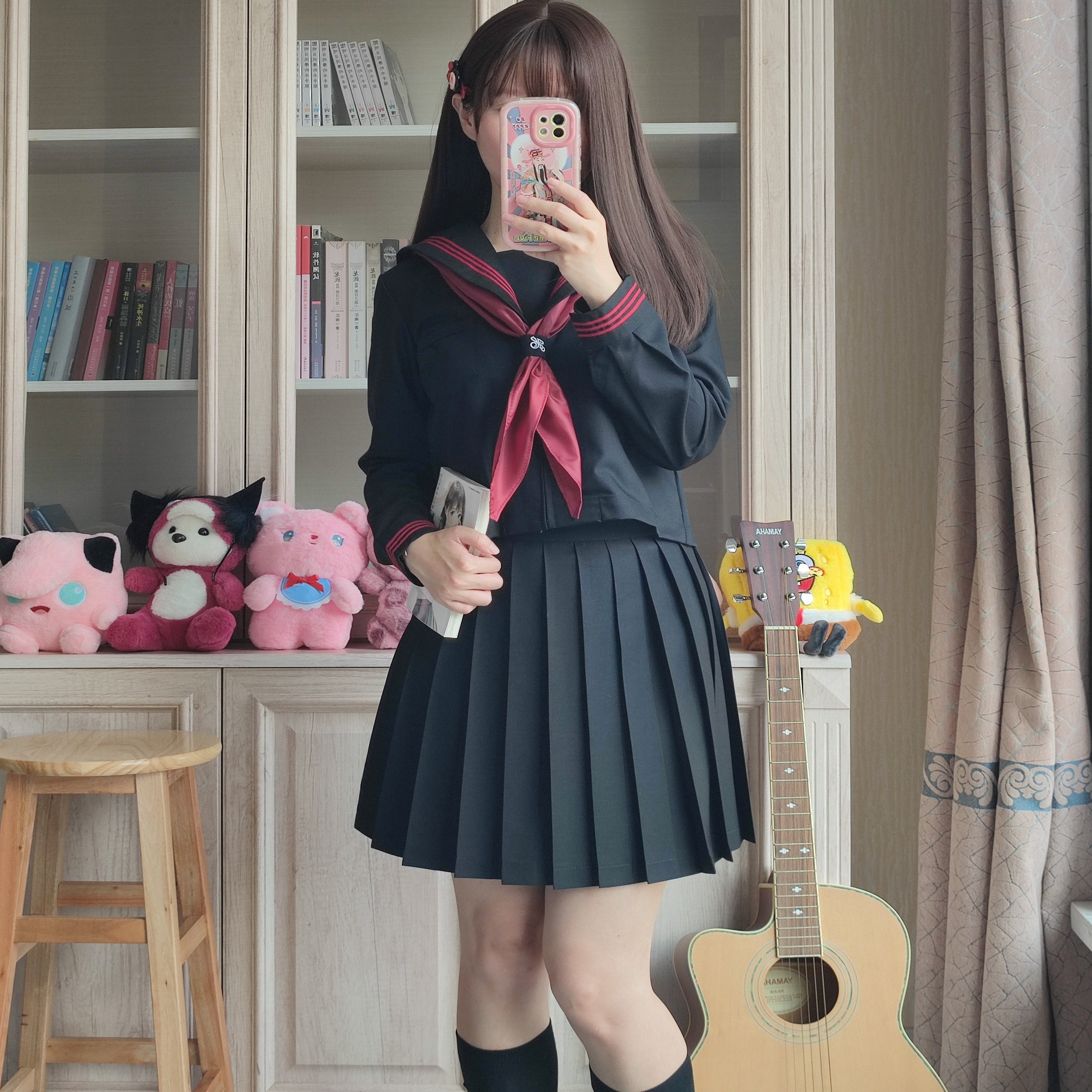 棕熊可可原创正版黑领赤三本长袖水手服基础jk制服学院风中间服女