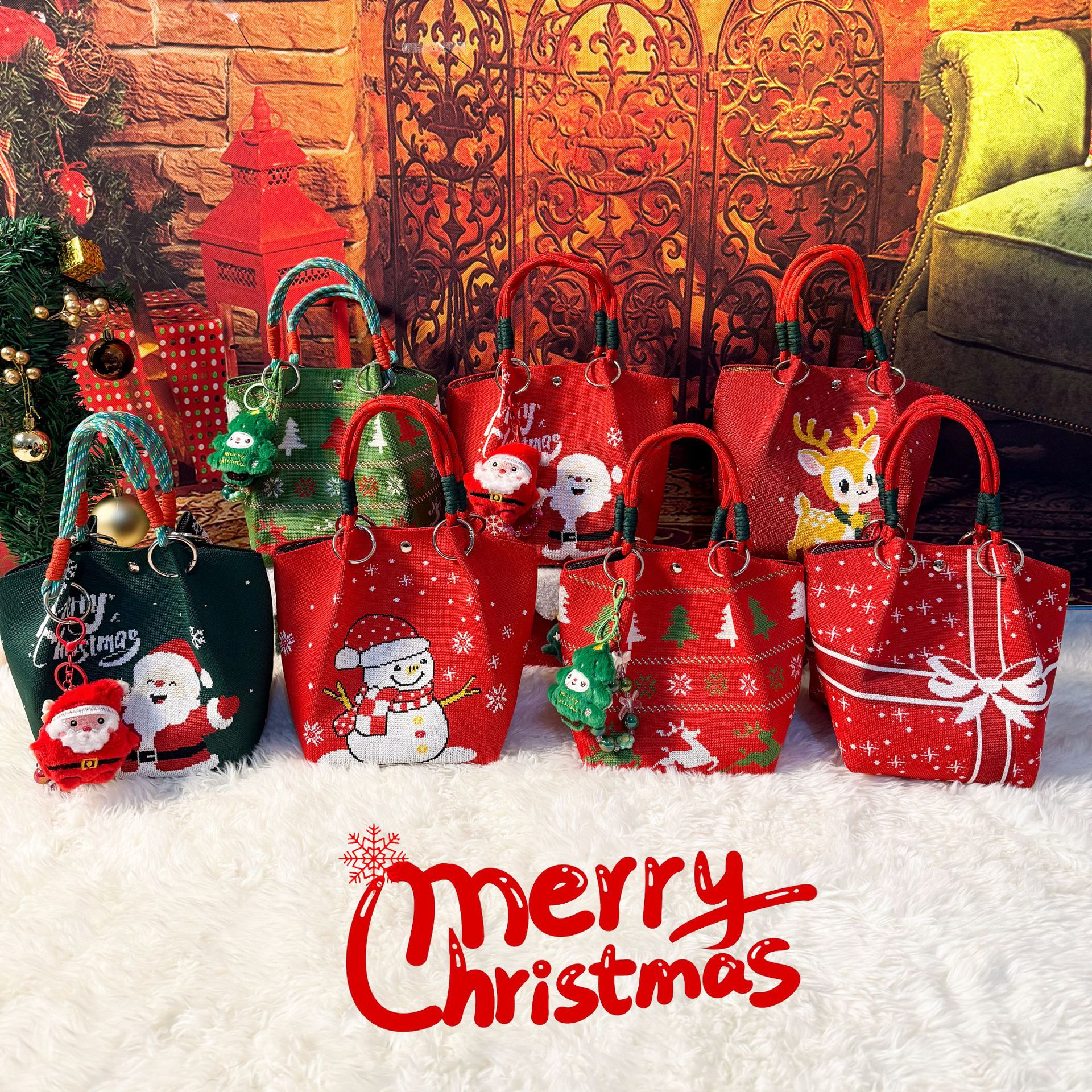 圣诞款环扣针织手提包糖果礼品袋手拎外出立体磁扣手提包手拎包