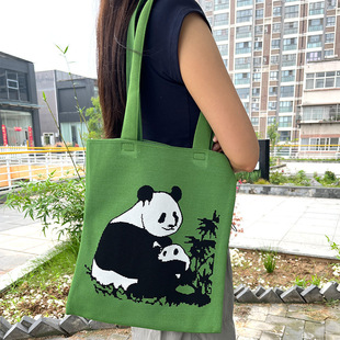 单肩针织包绿色可爱熊猫大容量手拎包上班族休闲百搭通用款 女包包