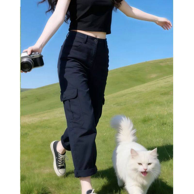 女裤夏季薄款韩版宽松显瘦直筒休闲裤女多巴胺高腰九分工装牛仔裤