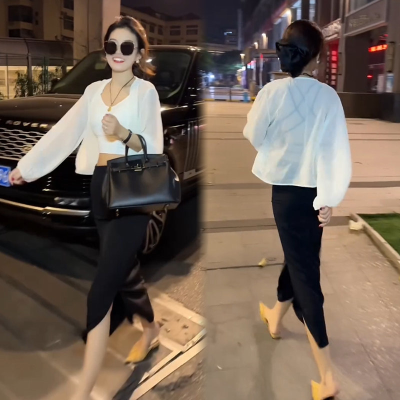 时尚休闲套装森女外搭防晒短款衬衫开叉半身裙2025夏季显瘦两件套