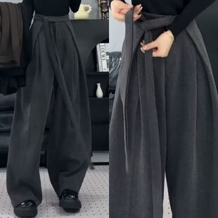 冬季新款加厚显瘦西装裤女士宽松绑带休闲直筒深灰色毛呢阔腿长裤