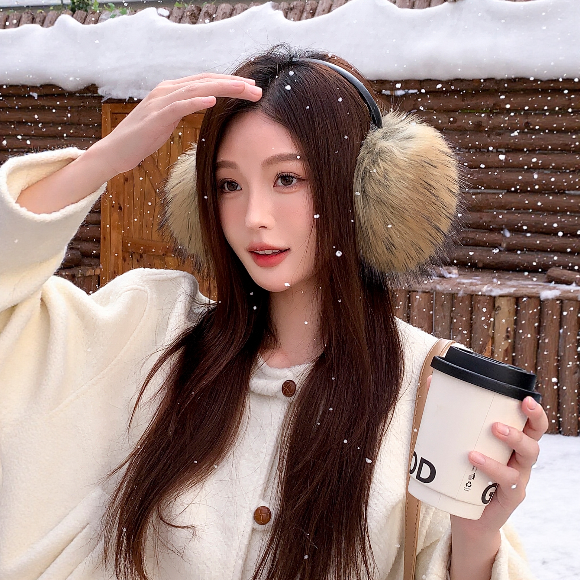 简约冬毛绒保暖仿狐狸毛皮草耳套