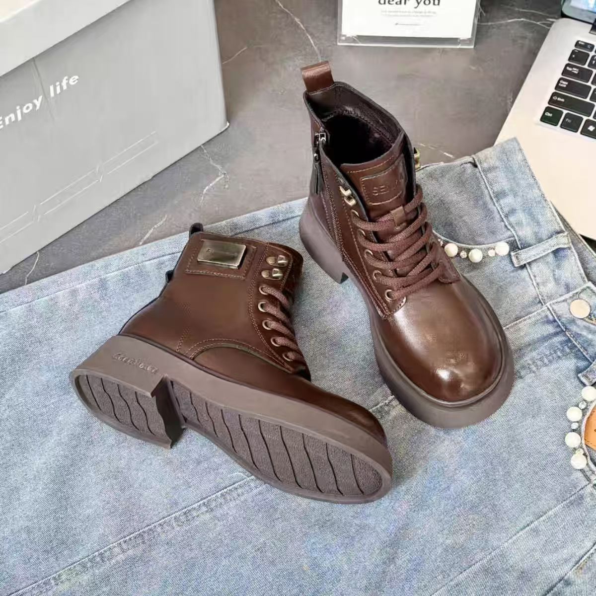 低跟13cm棉短筒圆头女鞋靴子马丁靴平底马丁靴20