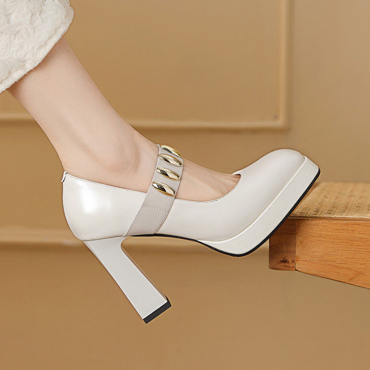 2026年新款春季超高跟单鞋法式浅口粗跟小皮鞋女真皮玛丽珍鞋