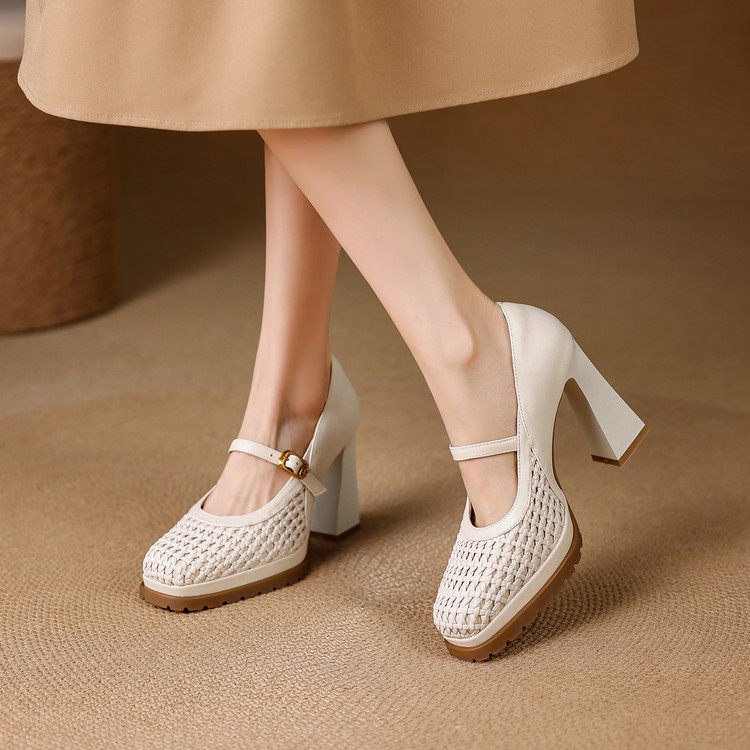 2026法式方头防水台高跟鞋女编织女士粗跟一字带玛丽珍鞋不累脚