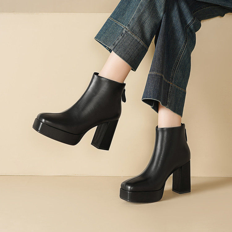 2026新款冬季女鞋女靴短靴女防水台黑色皮靴10cm高跟鞋马丁靴