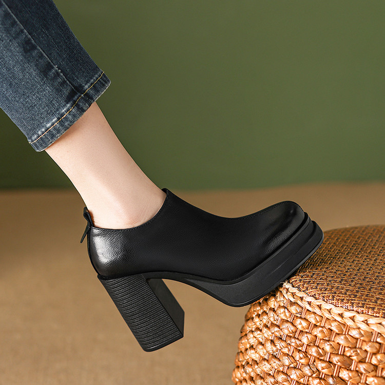 2025新款秋女鞋拉链百搭复古圆头超高跟单鞋高跟防水台