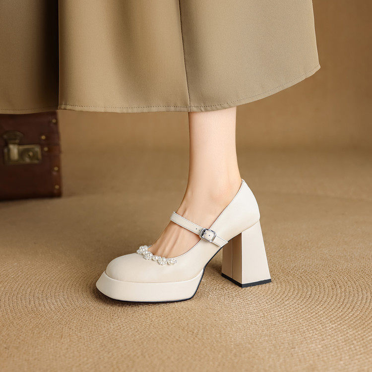 2026百搭纯色一字带奢华珍珠玛丽珍鞋10cm优雅超高粗跟单鞋女