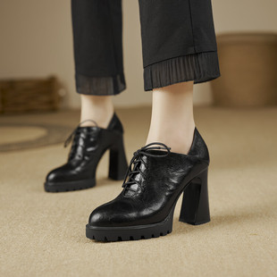 2026新款尖头厚底系带英伦风小皮鞋深口高跟鞋粗跟深口单鞋女