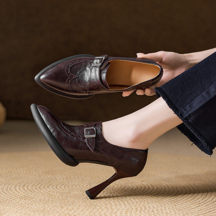 2026春秋款粗跟厚底尖头时尚高跟鞋9CM复古真皮高跟深口单鞋女,女鞋,深口单鞋,淘宝优惠券,粉丝福利购,淘宝优惠卷