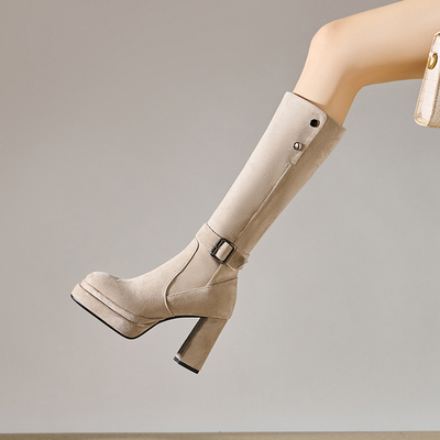 2025新款防水台绒面高筒瘦瘦靴高跟长靴小个子粗跟骑士靴女士