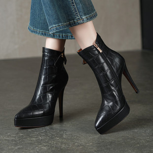 2025秋冬季防水台12cm超高跟鞋女真皮细跟尖头短靴马丁靴