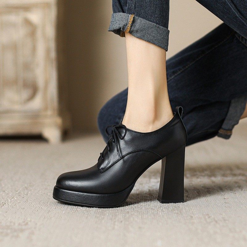 头层牛皮粗跟深口单鞋女高跟鞋2025秋冬新款女鞋英伦复古绑带皮鞋,女鞋,深口单鞋,淘宝优惠券,粉丝福利购,淘宝优惠卷