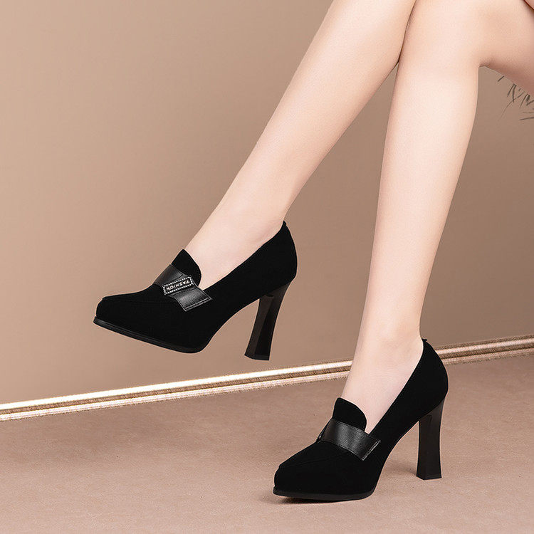 2026新款粗跟超高跟防水台不累脚通勤鞋拼接女鞋尖头单鞋女