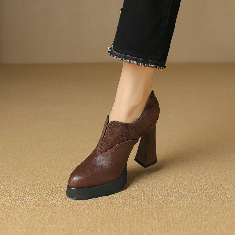 2026秋冬新款防水台真皮深口小个子增高复古高跟鞋女拼接踝靴,女鞋,深口单鞋,淘宝优惠券,粉丝福利购,淘宝优惠卷