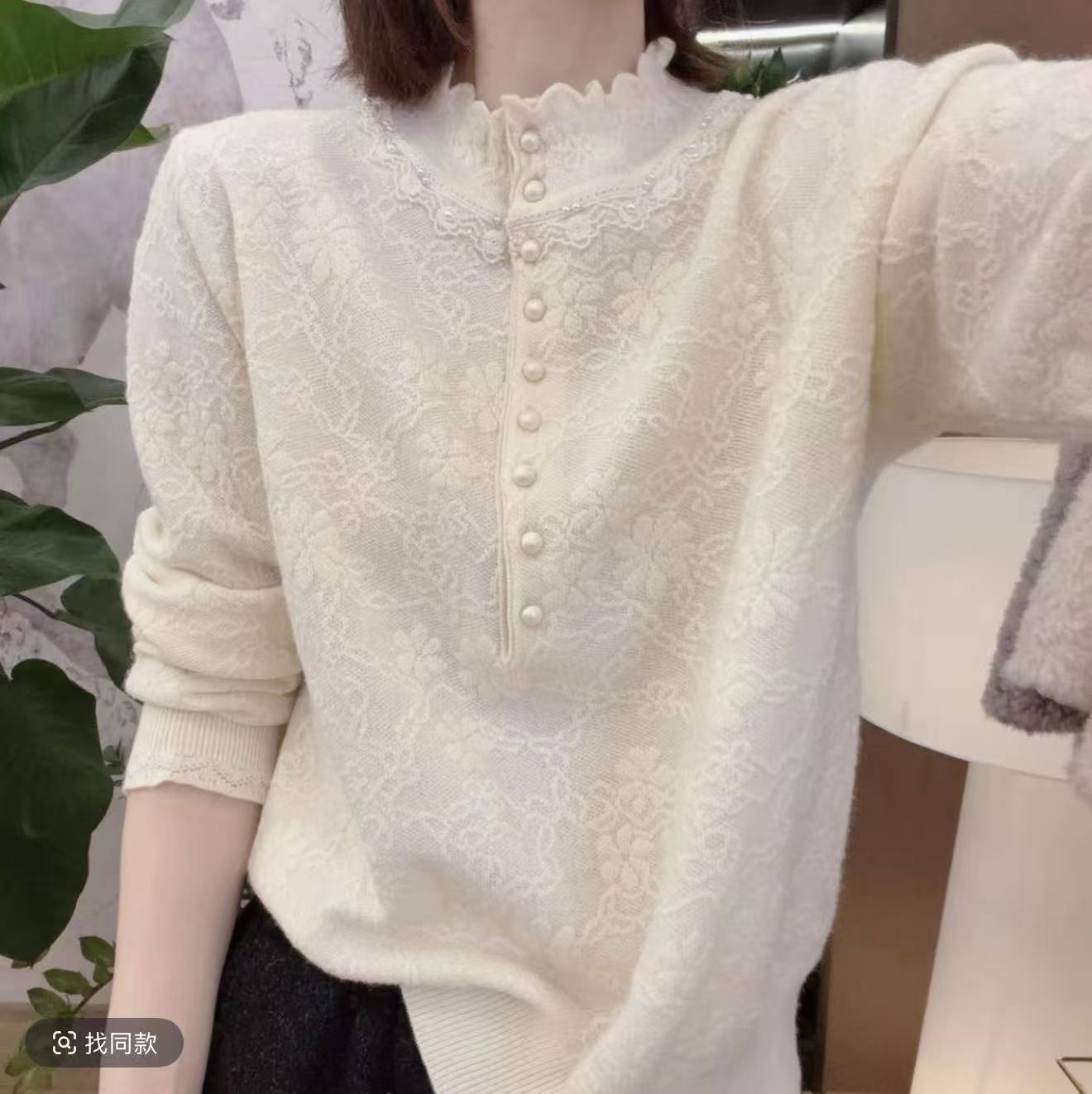 法式温柔风重工雕花半高领针织衫女长袖显瘦内搭打底衫上衣