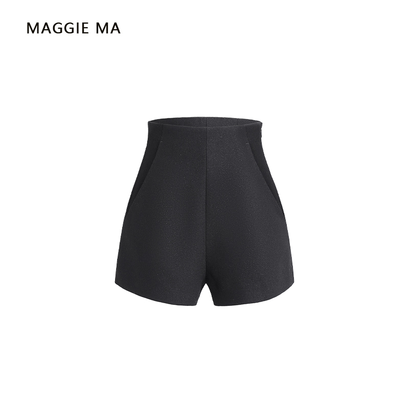 MAGGIE MA设计师款极简黑色高级感休闲短裤女秋冬a字质感阔腿