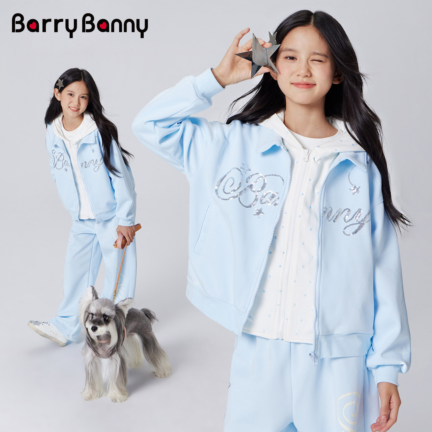 BarryBanny女童假两件连帽卫衣套装2026秋季新款儿童舒适宽松长裤