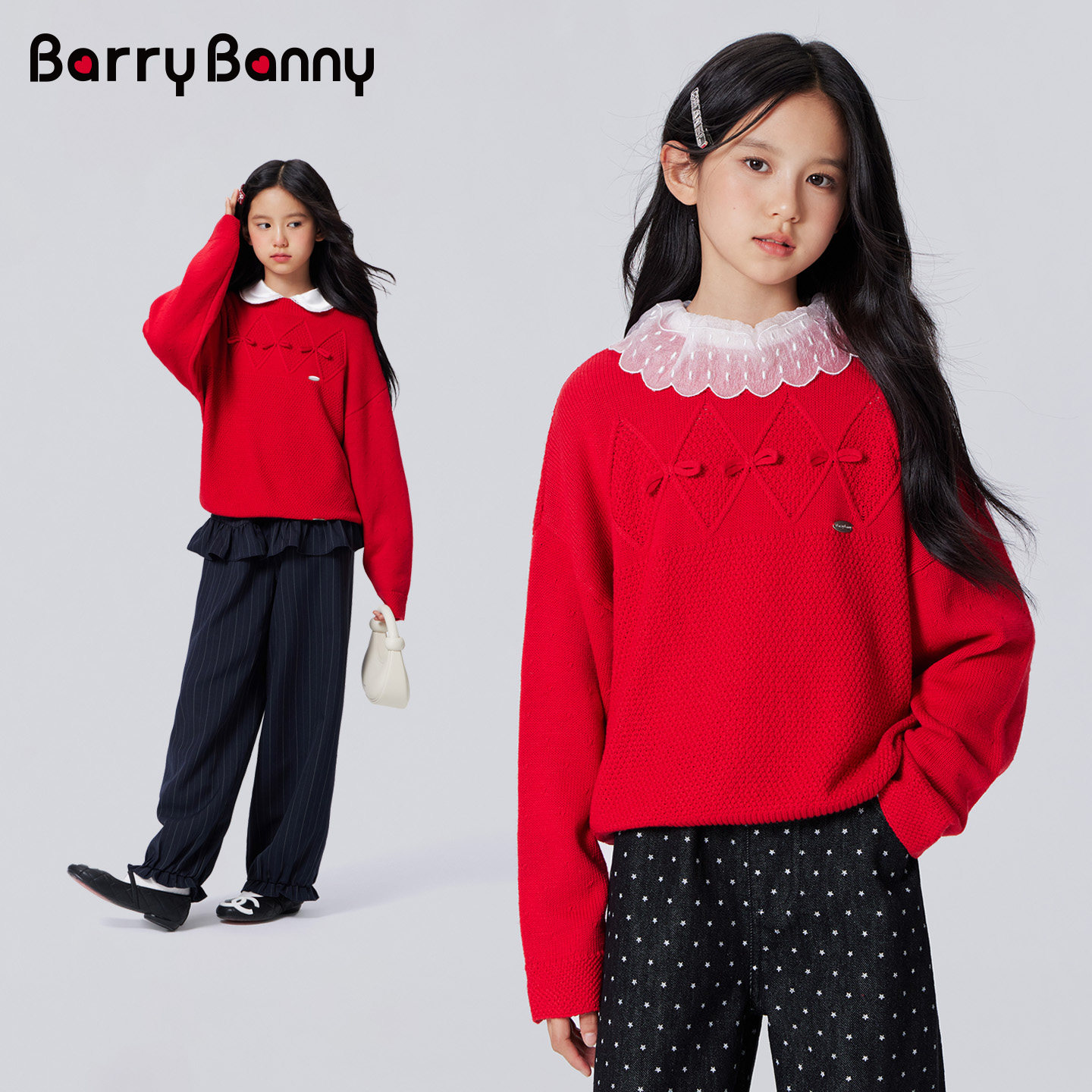 BarryBanny女童红色针织衫2026秋季新款圆领套头混纺羊毛儿童毛衣