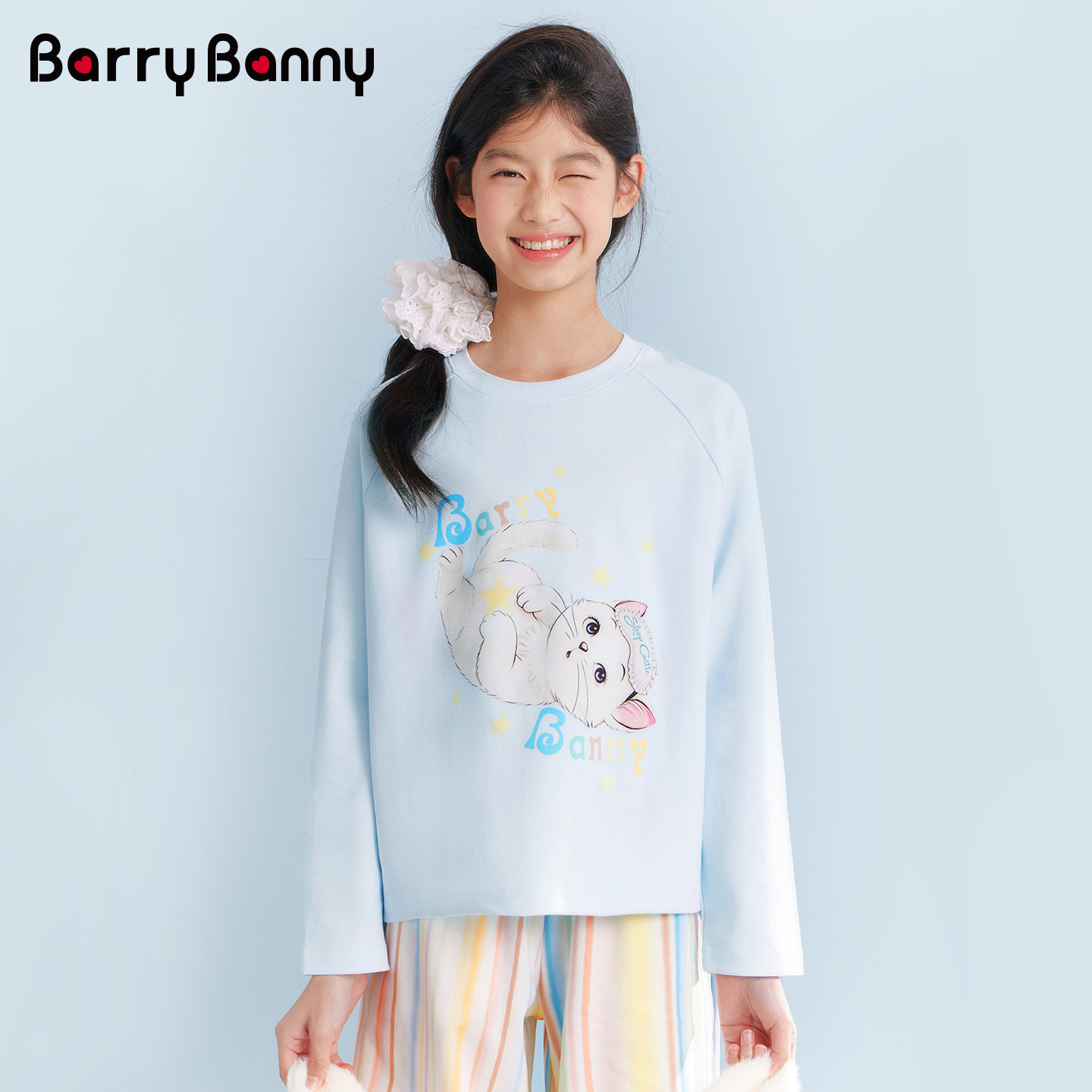 BarryBanny女童猫咪印花长袖T恤2026秋季新款中大童宽松透气上衣