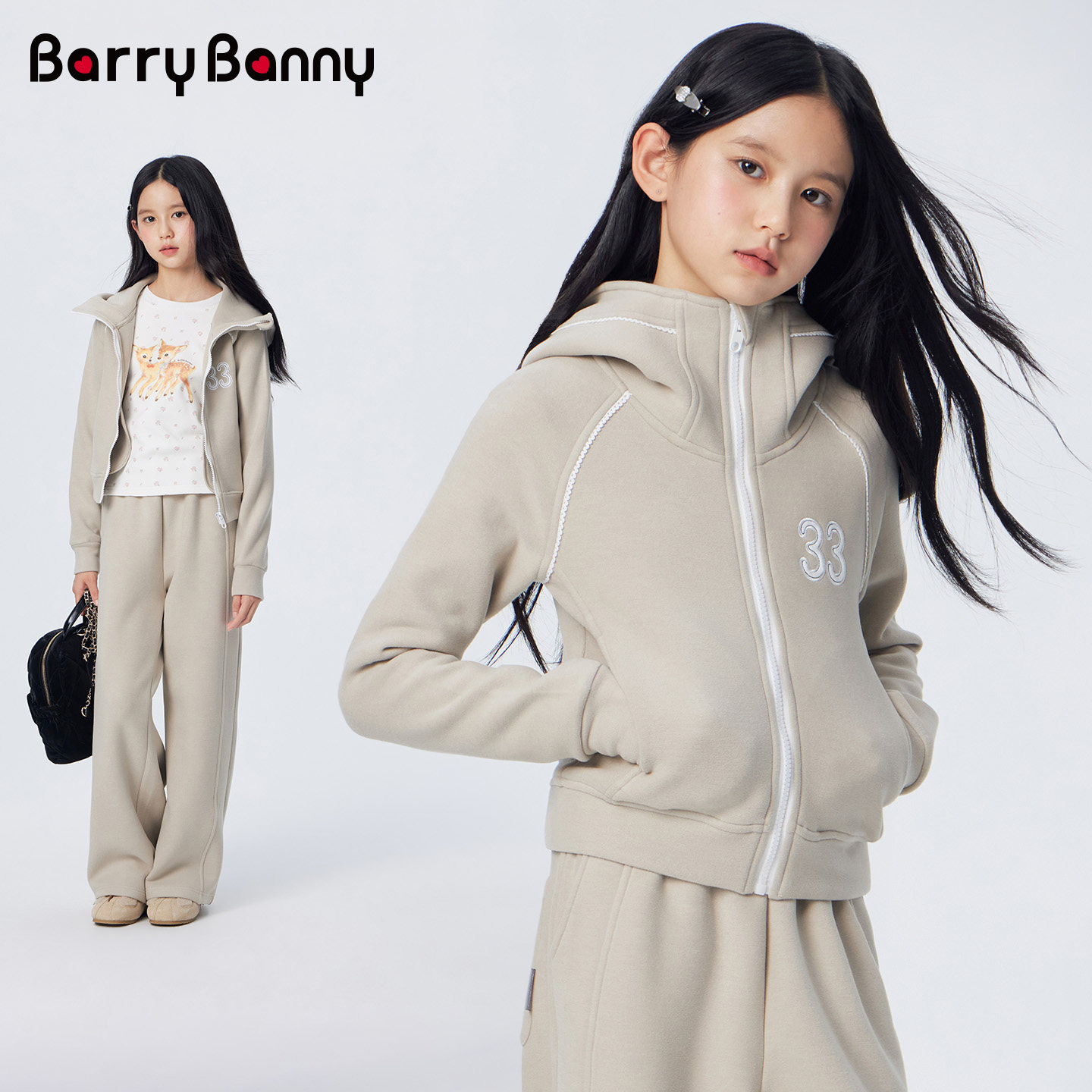 BarryBanny女童运动套装秋冬新款儿童中大童连帽外套阔腿裤两件套