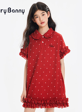 BarryBanny女童波点连衣裙2026新款夏季儿童洋气红色短袖公主裙女