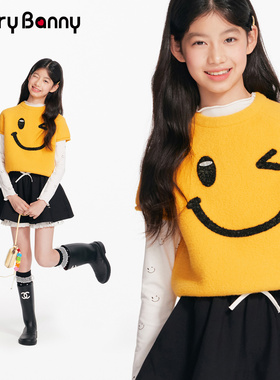 BarryBanny女童笑脸针织短袖2026春季新款中大童时髦透气T恤上衣