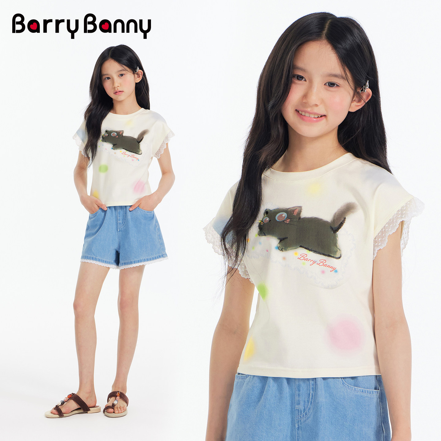 BarryBanny女童卡通猫咪印花短袖T恤2026新款夏季蕾丝袖高弹上衣